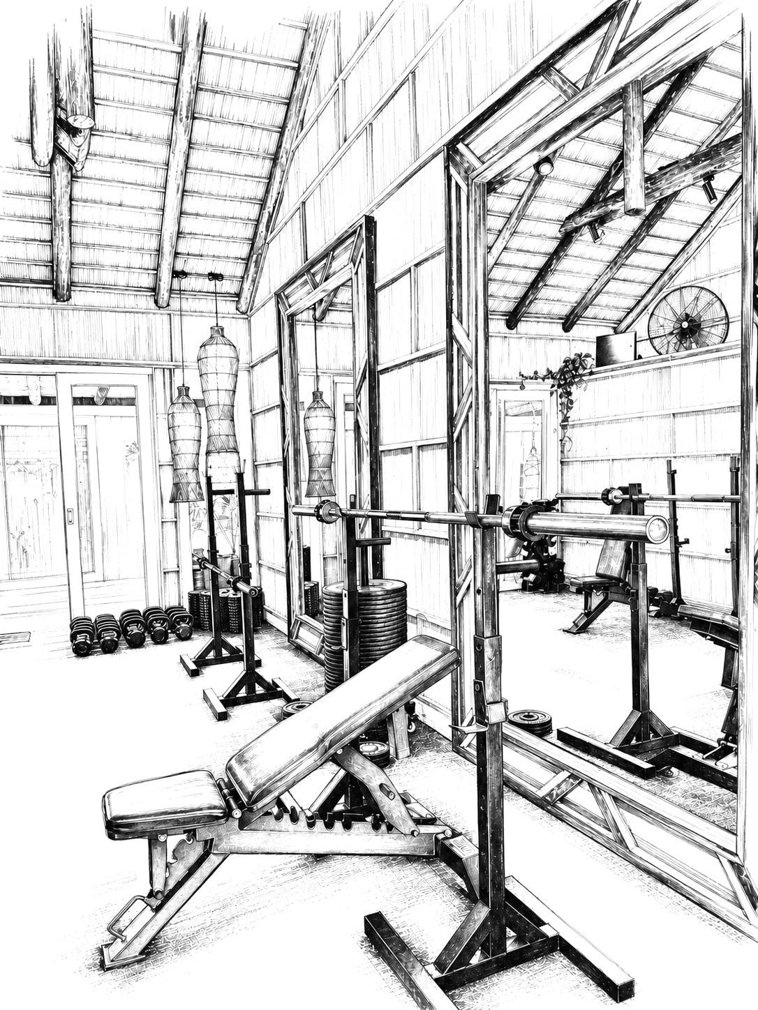 Ilustración en tinta del interior de Strength Studio con banco, racks, barras y espejos